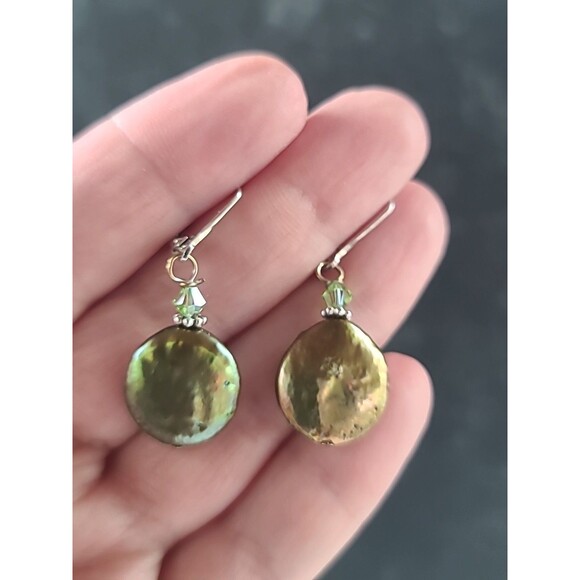 925 Sterling Silver Abalone Shell Beaded Dangling Leverback Earrings Vintage - Picture 3 of 10